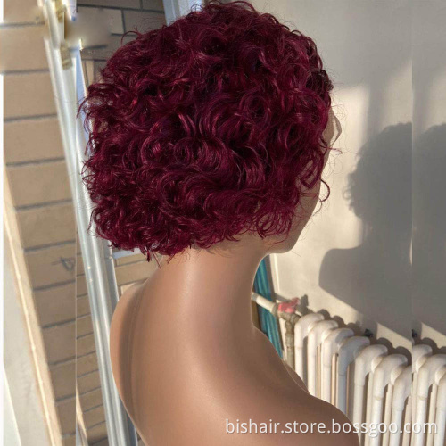 Wholesale Short Pixie Cut Curly Brazilian Human Hair Bob Wig 99j Red Burgundy Colored Transparent 13X4 Lace Frontal Wig